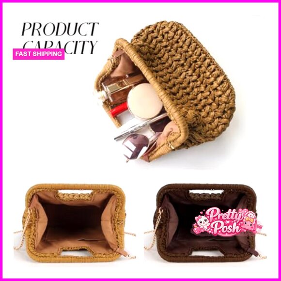 Straw Clutch Purse, Woven Evening Shoulder Bag with Detachable Chain Strap - Picture 4 of 7